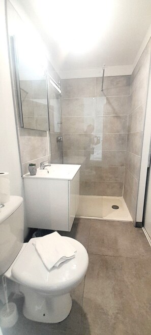 Douche, sèche-cheveux, serviettes fournies, papier toilette