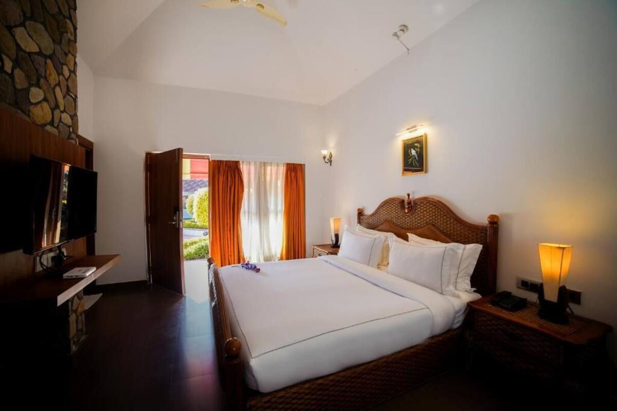 A hotel room with a large bed, a television, a stone wall, and a view of the outdoors.