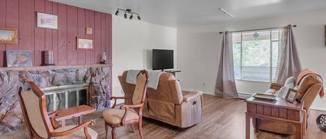 TV, caminetto, lettore DVD, libri