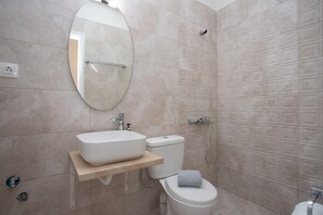 Shower, hair dryer, towels, toilet paper