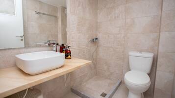 Shower, hair dryer, towels, toilet paper