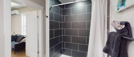 Eco-friendly toiletries, hair dryer, towels, soap