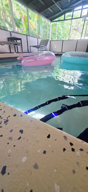 An indoor swimming pool with clear water, inflatable toys, and a view of greenery outside.