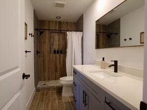Hair dryer, towels, soap, toilet paper