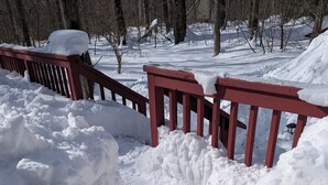 Un sentiero innevato che conduce a un patio di legno rosso.