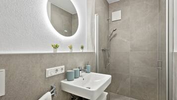 Shower, eco-friendly toiletries, hair dryer, towels