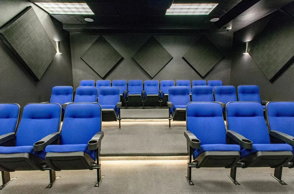 Une salle de théâtre avec des rangées de sièges bleus, un sol recouvert de moquette et des panneaux d’insonorisation sur les murs.