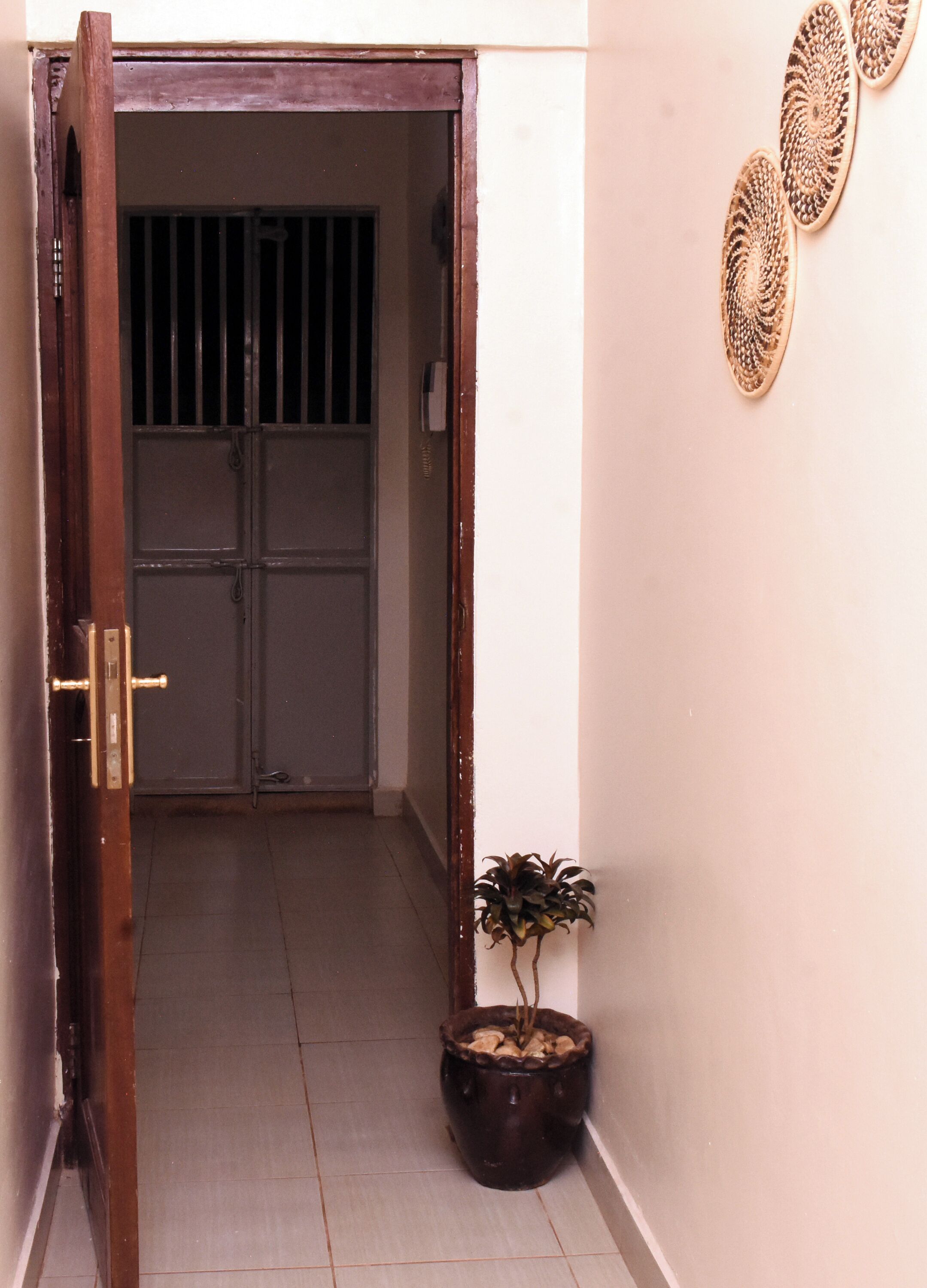 A hallway with a wooden door leading to a room with barred windows. There is a potted plant on the floor and decorative wall art.