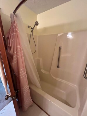 Hair dryer, towels, soap, shampoo