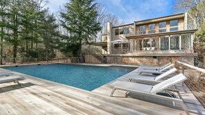 A heated pool - Mid-Century Dream Estate, extensive and elevated decking, multiple outdoor... (East Hampton)