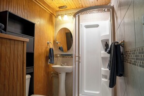 Shower, towels, soap, toilet paper