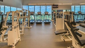 A gym with treadmills, weight machines, and large windows offering a city view. - Floor-to-Ceiling Glass Residence | Coconut Grove (Miami)