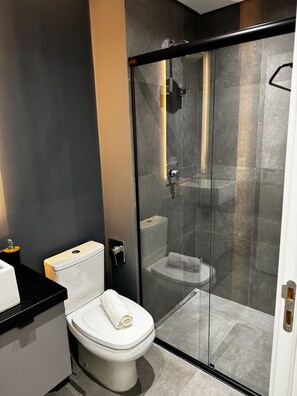 Hair dryer, towels, soap, shampoo