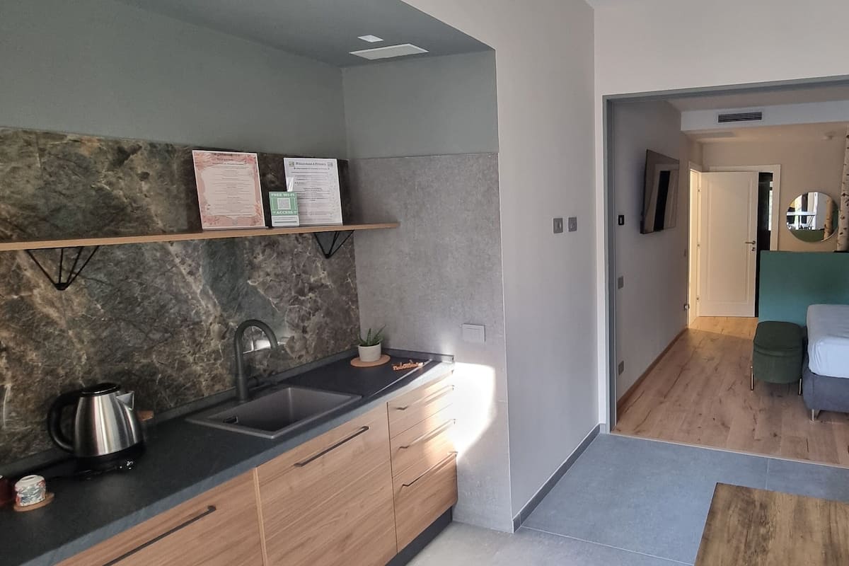 A modern kitchen with a marble backsplash, wooden cabinets, and a black countertop. There is a small plant on the counter and a kettle. The kitchen leads to a living area with a grey sofa and a green accent wall.