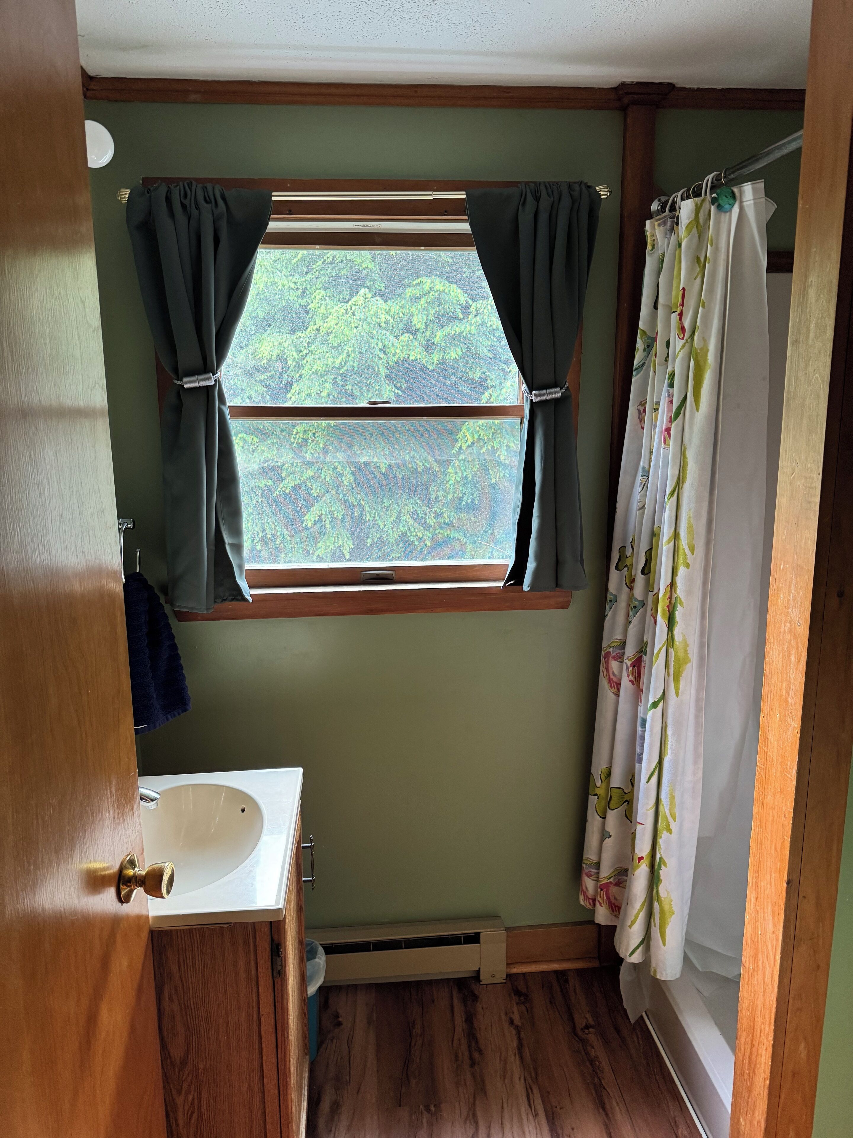 A bathroom with a window, a sink, and a shower curtain.