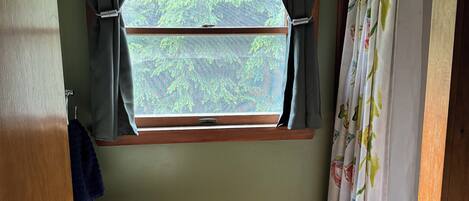 A bathroom with a window, a sink, and a shower curtain.