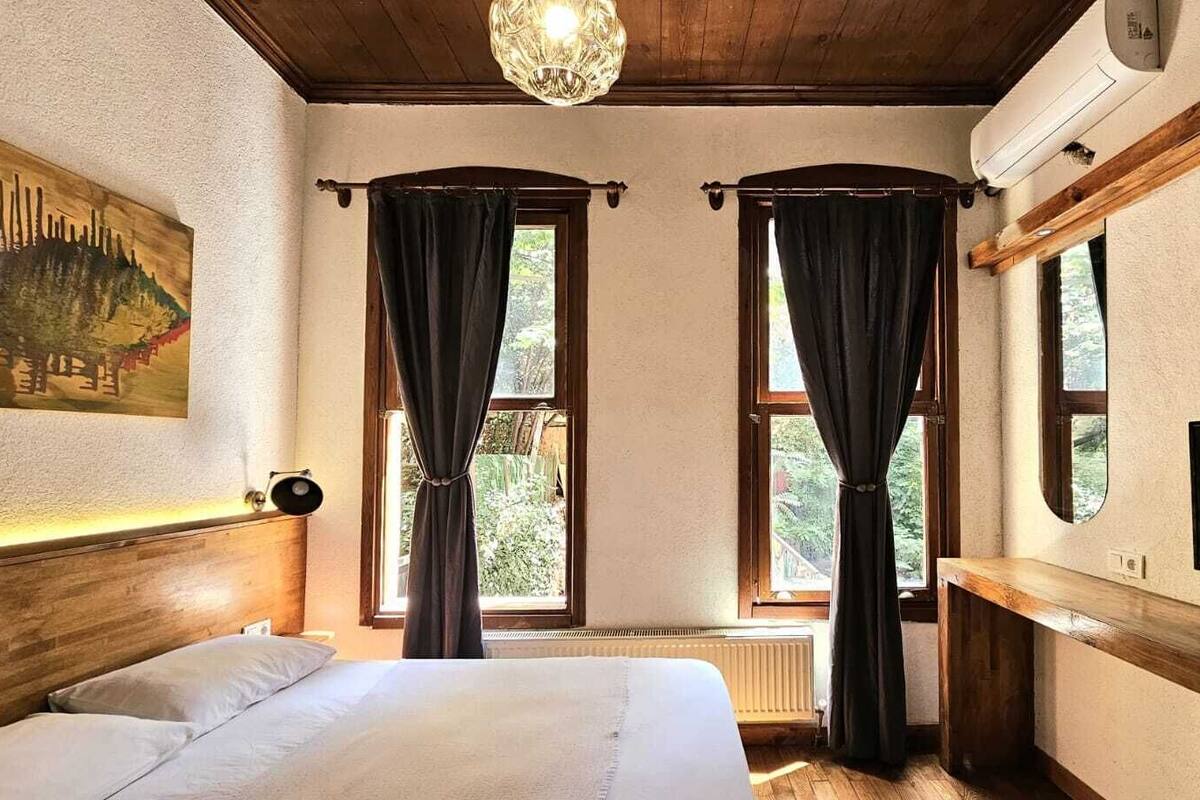 A bedroom with a bed, two windows with curtains, a painting, a ceiling light, and a TV on a wooden shelf.