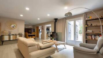 Smart TV, fireplace, table tennis, books