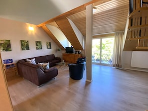 En rummelig opholdsstue med højt til loftet, træbjælker, en brun sofa, et fjernsyn og udsigt udad.