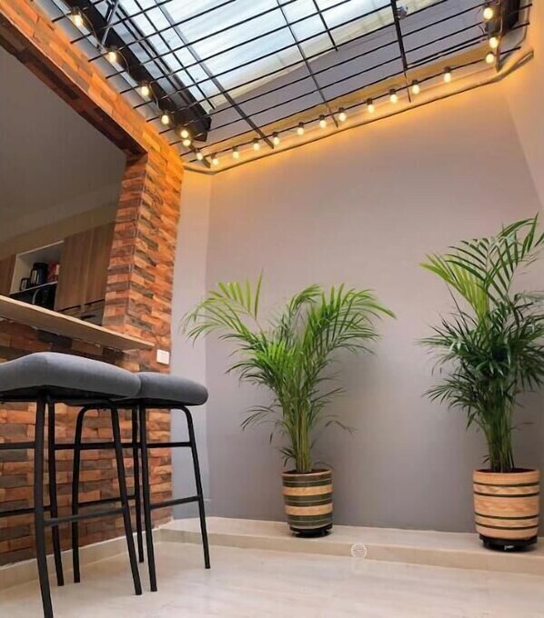 A modern interior with a brick accent wall, a bar area with stools, and two large potted plants.