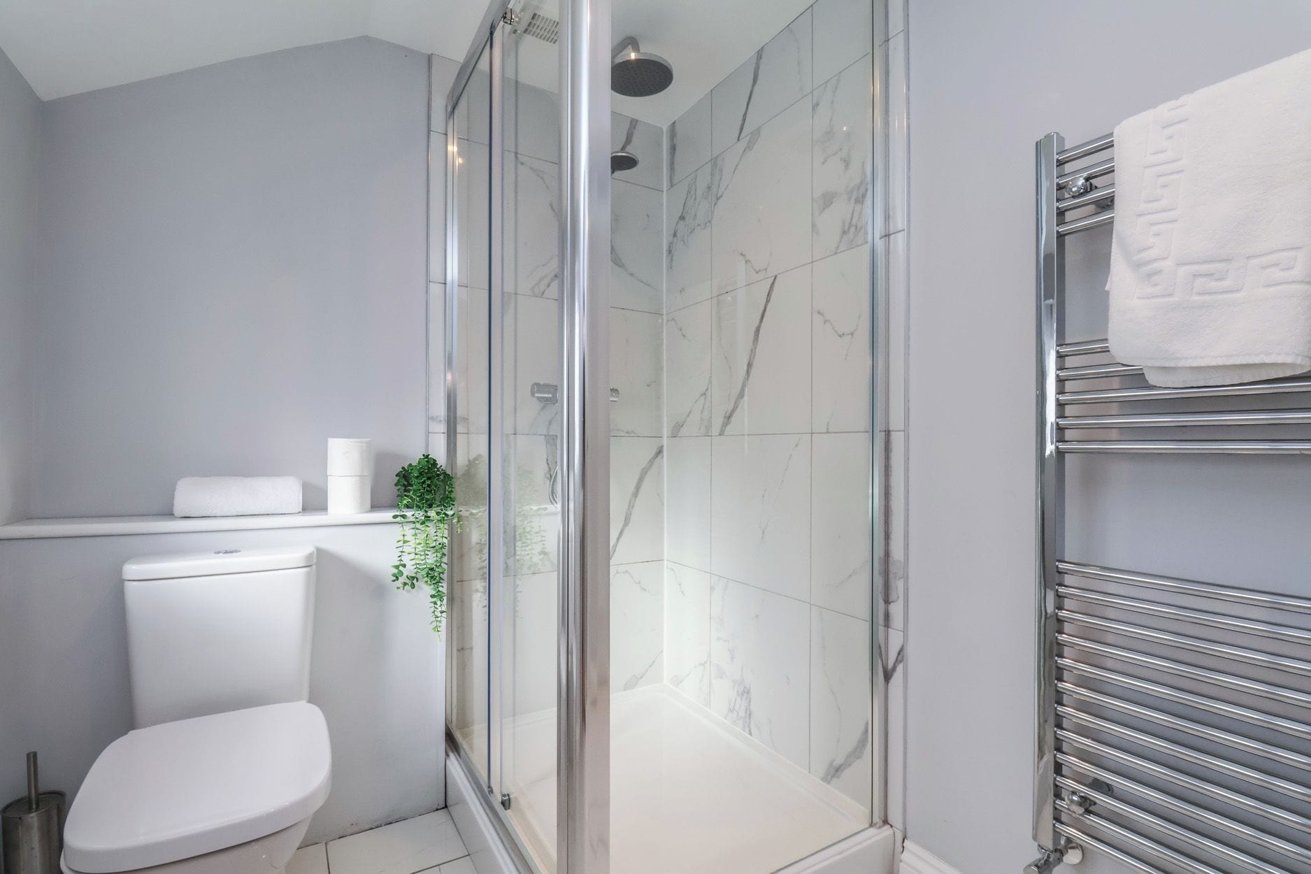 A modern bathroom with a glass-enclosed shower, a white toilet, and a towel rack.