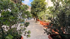 A pathway lined with potted plants leading to a building. - VILLA TIMOLEONTE - ADDAURA (Palermo)