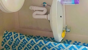 Un baño con inodoro, lavamanos y cortina de ducha estampada.