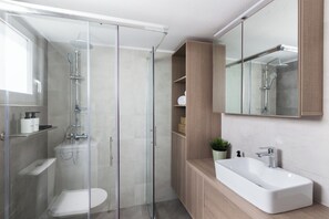 Shower, hair dryer, towels, soap