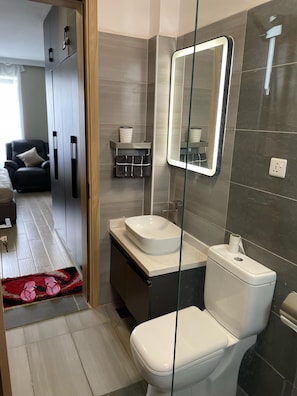 Douche, baignoire à jets, sèche-cheveux, bidet