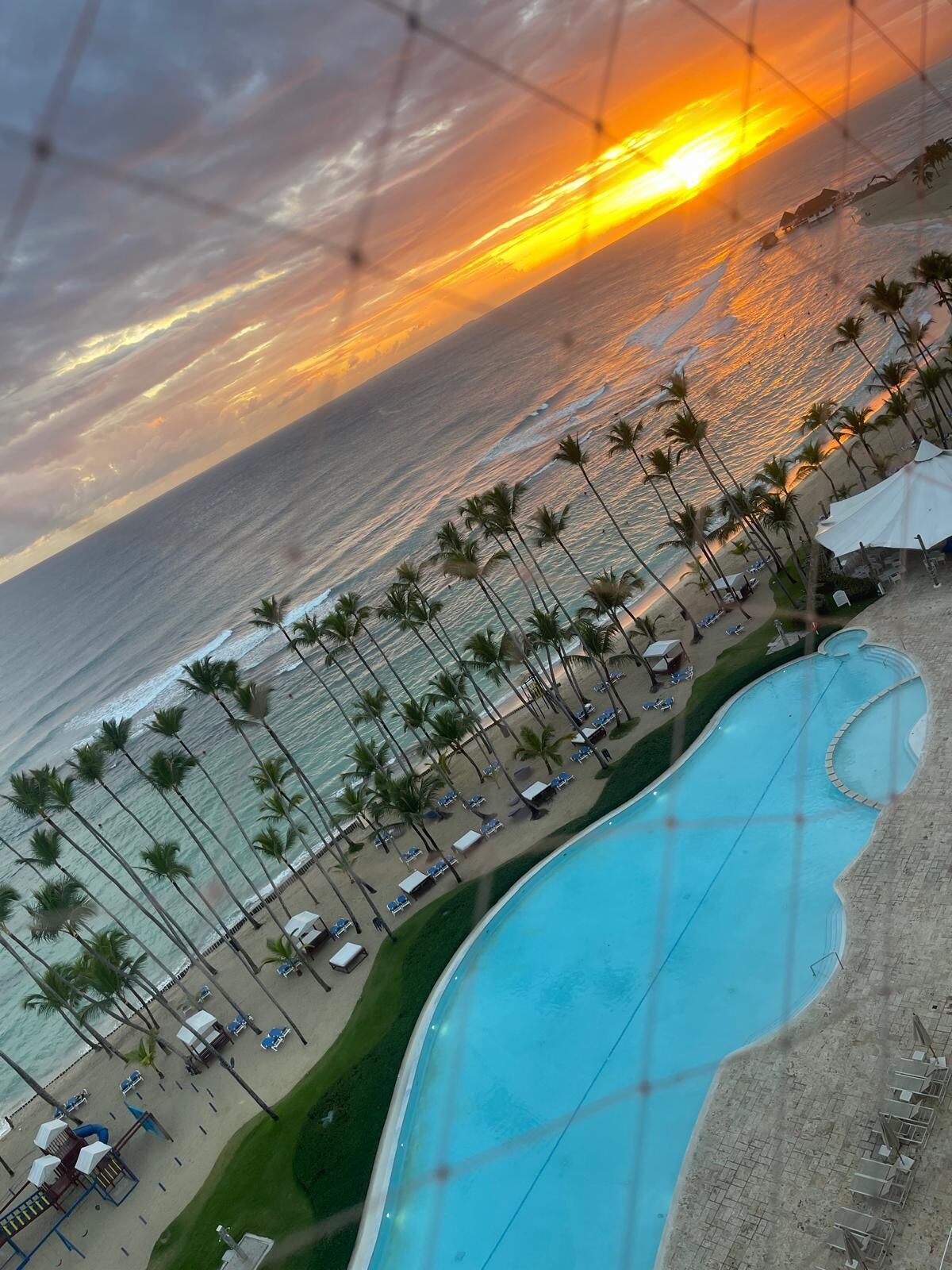 A beach resort with a swimming pool, palm trees, and a sunset view.