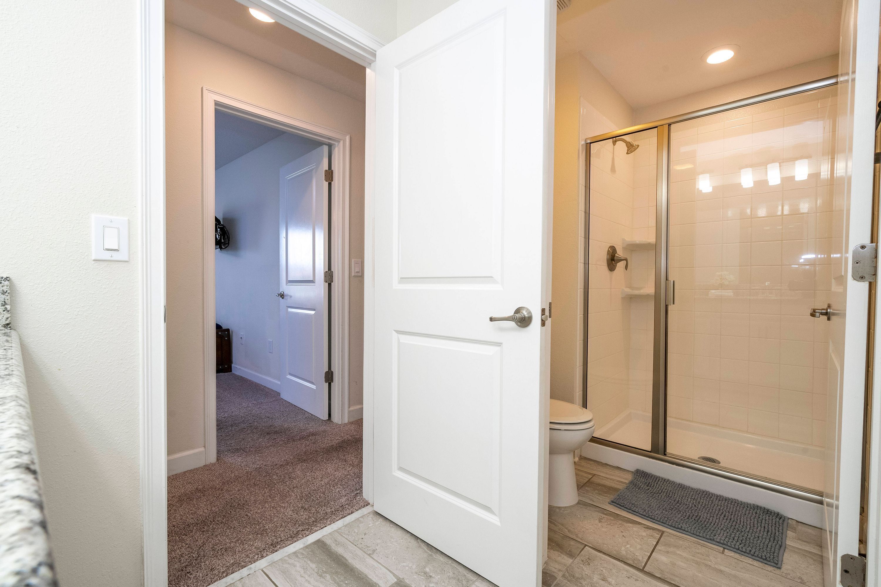 A bathroom with a shower, toilet, and a door leading to another room.
