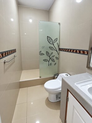 Une salle de bain avec une douche à parois de verre, des toilettes et un lavabo.