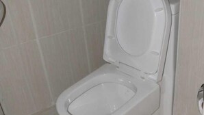 A standard white toilet in a bathroom with light-colored tiled walls and floor. - Waiyaki way Heights (Mombasa)