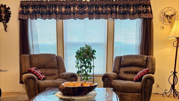 Un salon comprenant deux fauteuils en cuir, une table basse ornée d’un vase décoratif, un tapis à motifs et une grande fenêtre avec des stores.