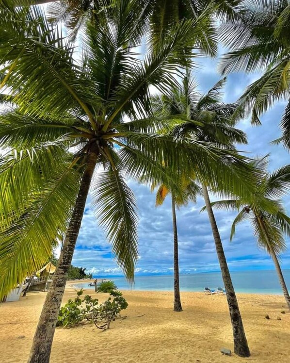 On the beach, sun-loungers, beach towels
