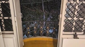 A room with a wooden floor, a metal gate, and a decorative metal fence with a Buddha statue.