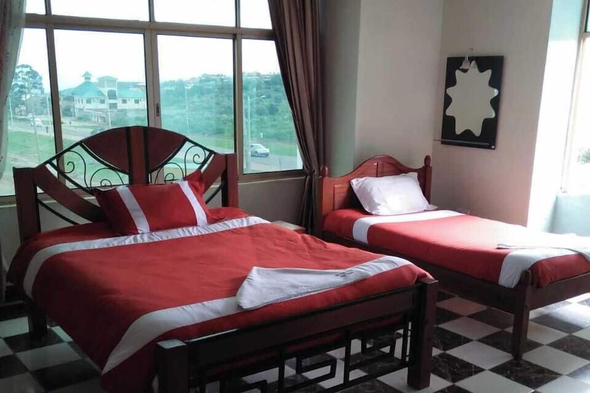 Habitación de hotel con dos camas, piso de cuadros, ventanas amplias y vista al exterior.