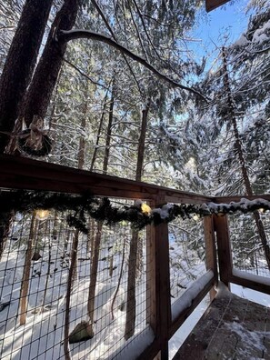 A wooden deck with a metal railing, surrounded by snow-covered trees. - Cozy Treehouse with Sauna in the Woods with Stream (Hardwick)