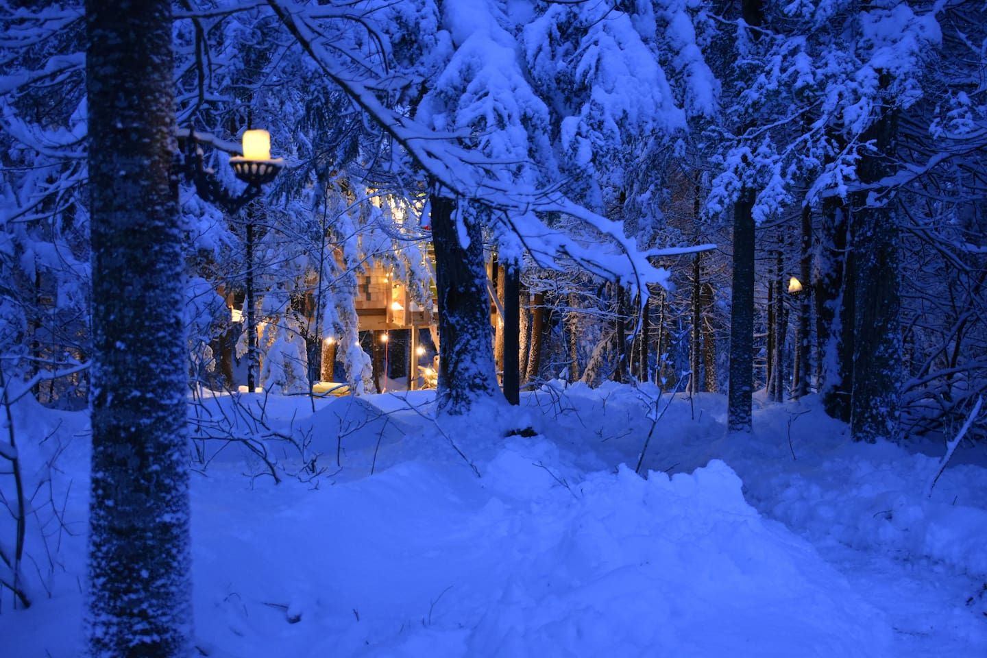 Schneebedeckte Landschaft mit einem Gebäude, das mehrere beleuchtete Fenster und einen sichtbaren Eingang hat.