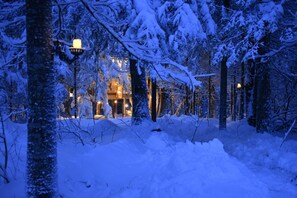 A snow-covered landscape with a building featuring multiple illuminated windows and a visible entrance. - Cozy Treehouse with Sauna in the Woods with Stream (Hardwick)