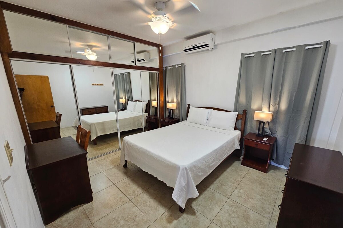 A hotel room with a large bed, a desk, a chair, a mirror, a ceiling fan, and an air conditioning unit.