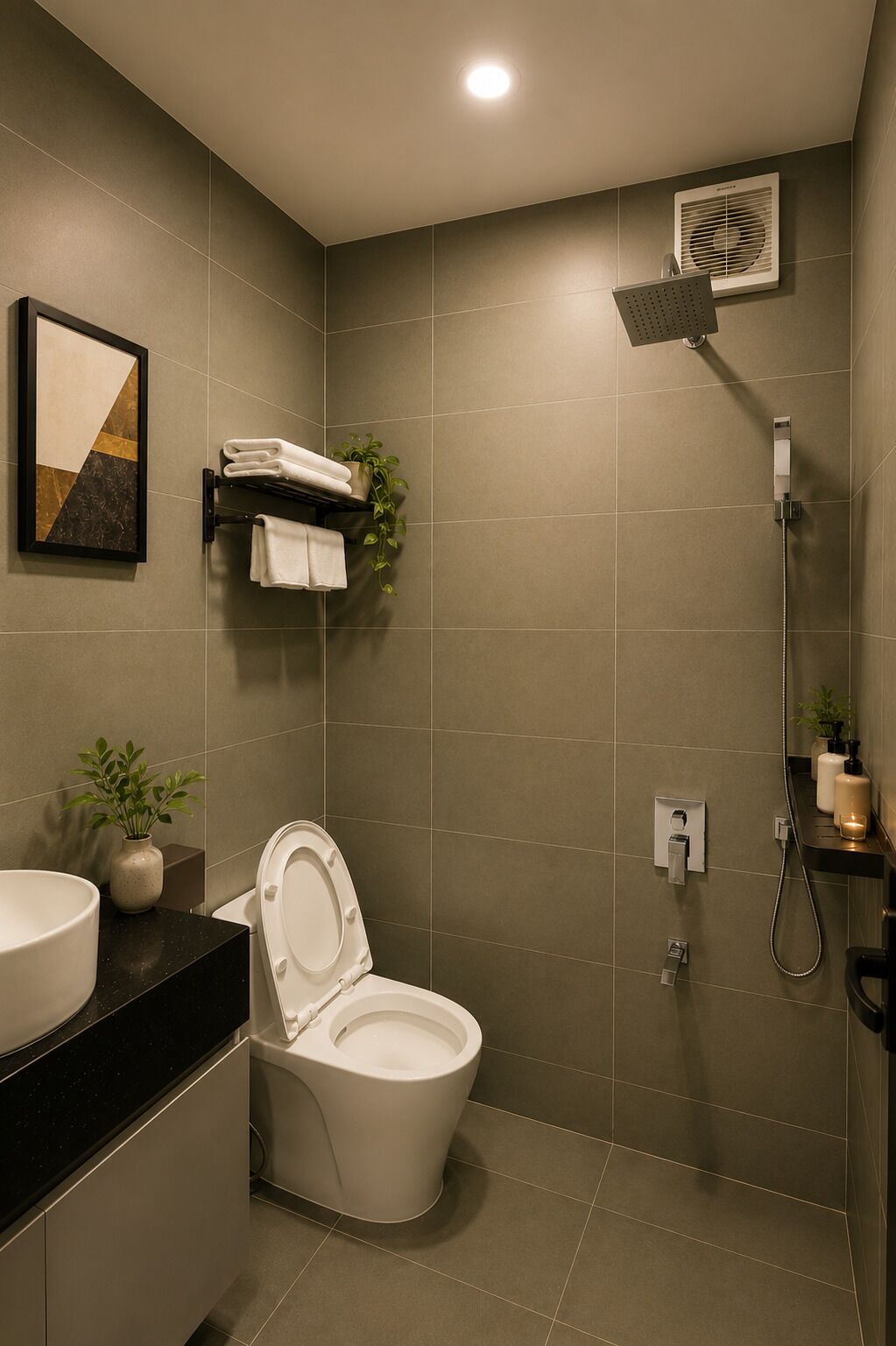 A modern bathroom with a toilet, sink, shower, and towel rack.