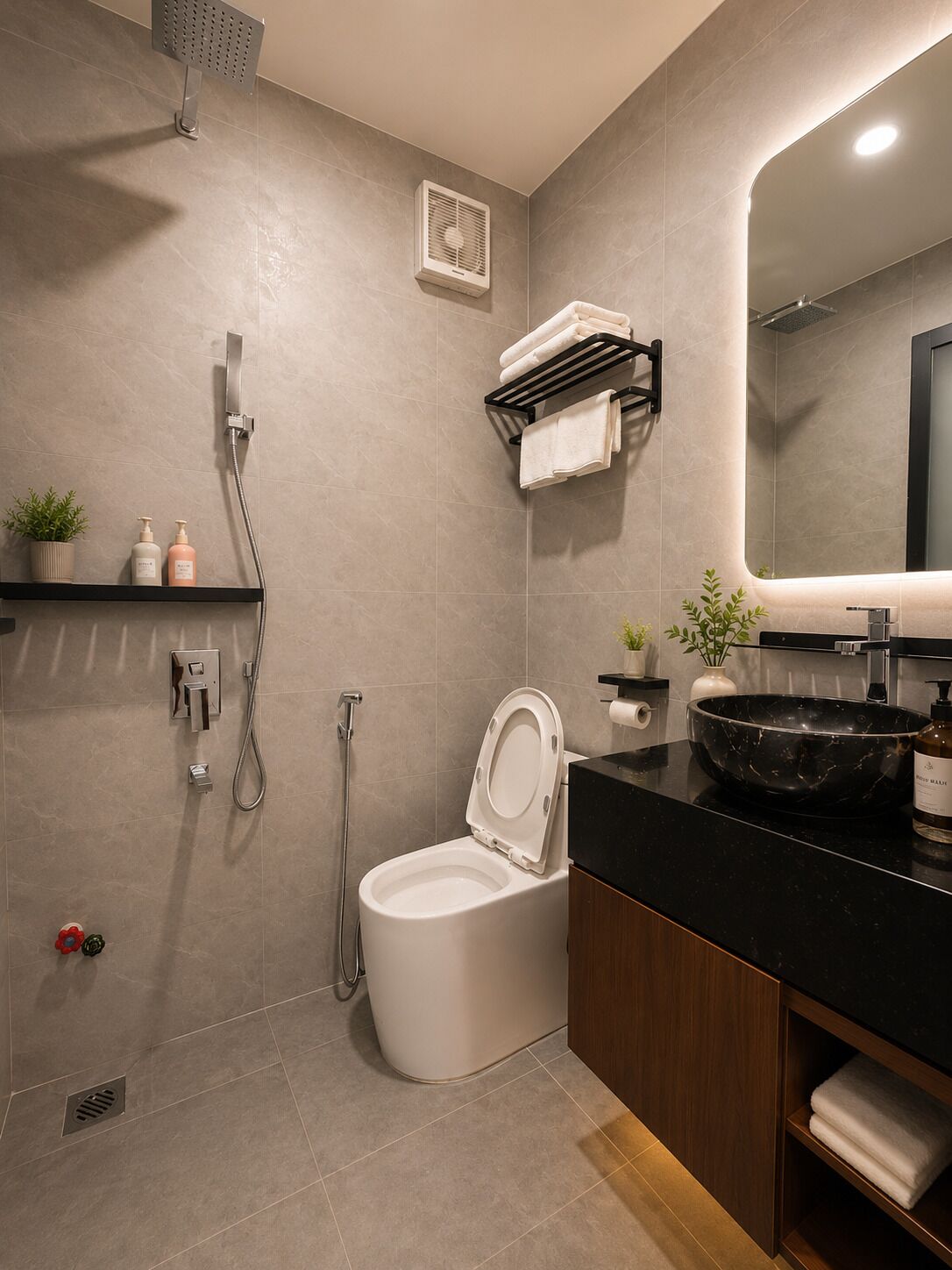 A modern bathroom with a toilet, sink, shower, and towel rack.