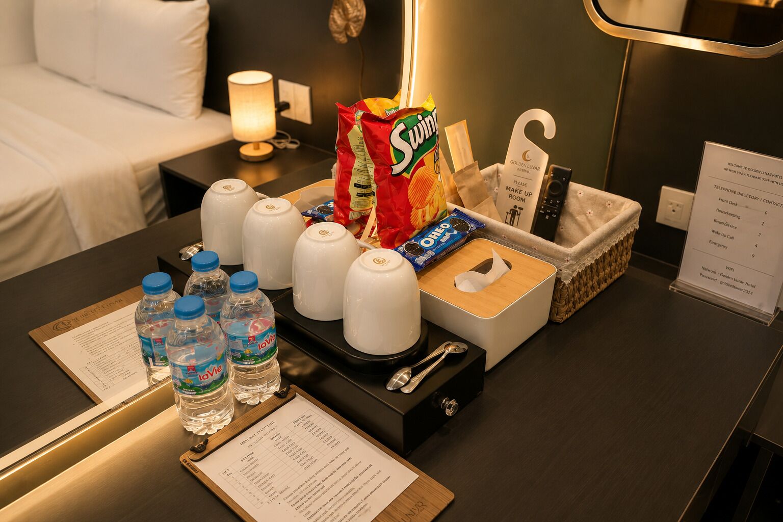 Un comptoir de réception d’hôtel équipé de commodités telles que des bouteilles d’eau, des en-cas, une boîte de mouchoirs et un panneau indiquant les informations sur les chambres.