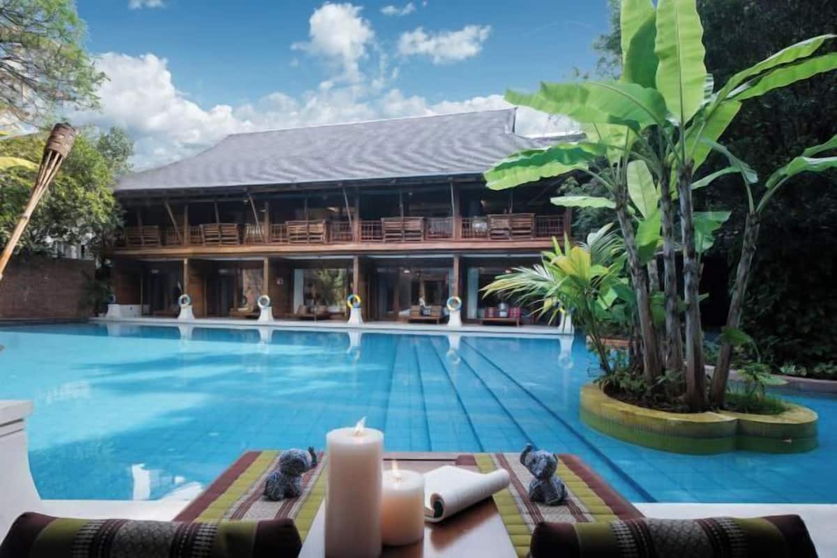A poolside view with a building in the background, a large plant, and a candle on the table.