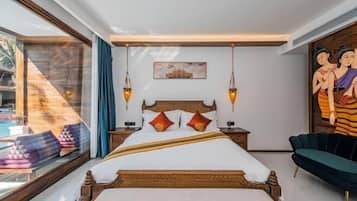 A bedroom with a large bed, a window with a view of a pool, and a painting on the wall.