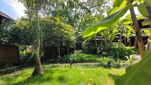 A lush garden with various plants and trees, a wooden fence, and a building in the background. - Jinghong Manying Dai Tai Courtyard Villa (Jinghong)