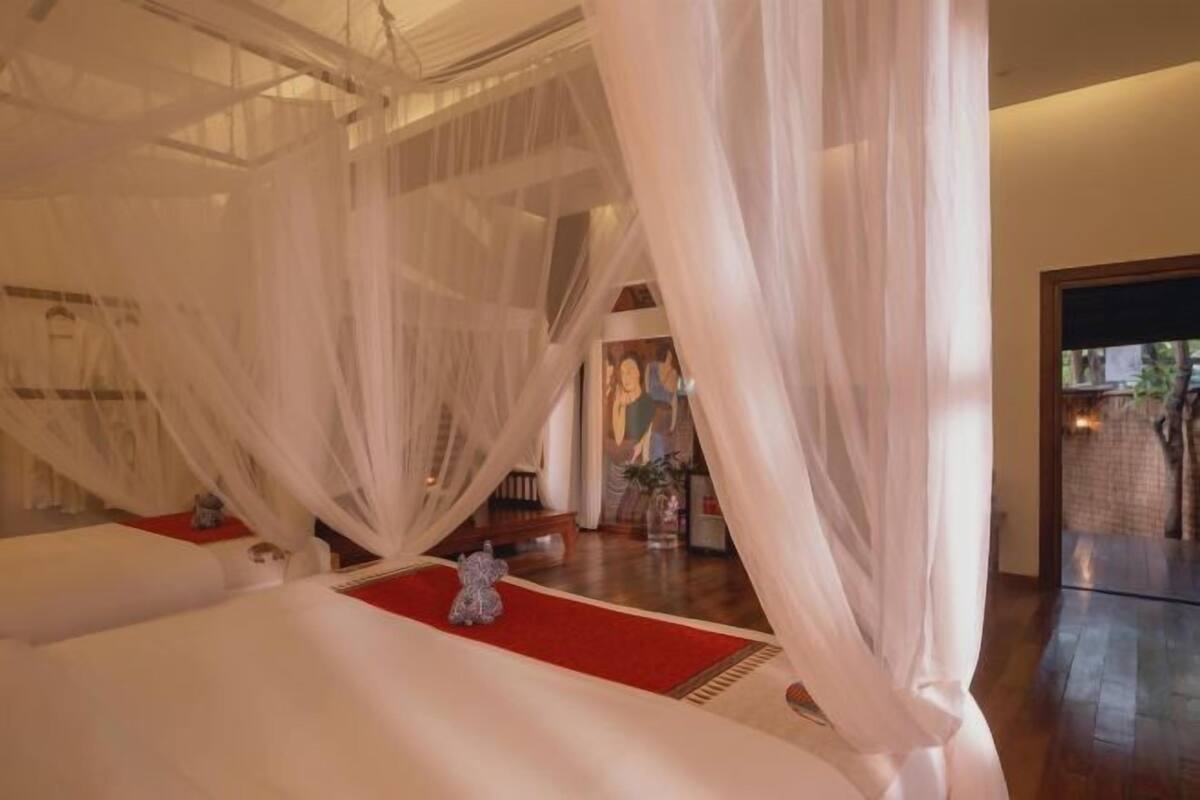 A room with a bed, a red carpet, and sheer curtains.