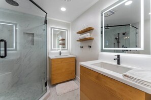 Hair dryer, towels, soap, shampoo