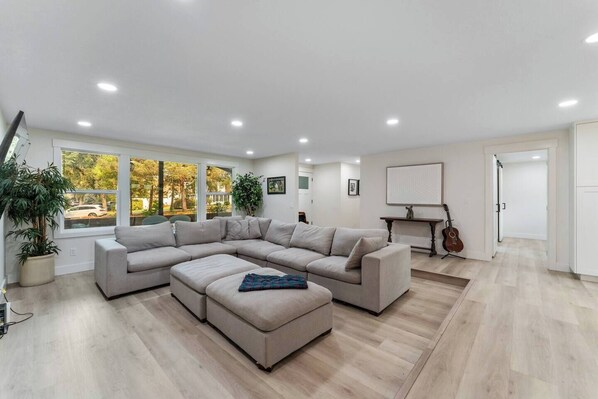 Smart TV, fireplace, books, printers